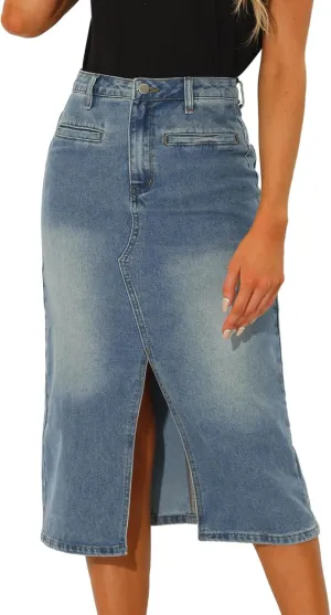 Allegra K Denim Skirt for Women's High Waist Slit Front Washed Jean Midi Skirts with Pockets