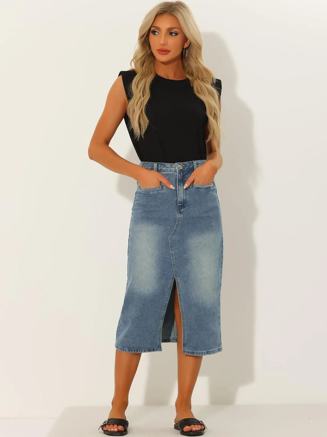 Allegra K Denim Skirt for Women's High Waist Slit Front Washed Jean Midi Skirts with Pockets