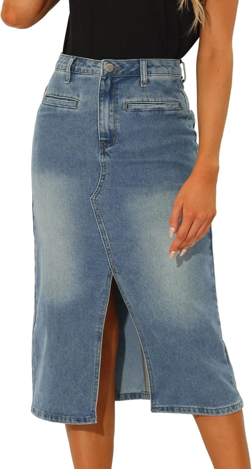 Allegra K Denim Skirt for Women's High Waist Slit Front Washed Jean Midi Skirts with Pockets