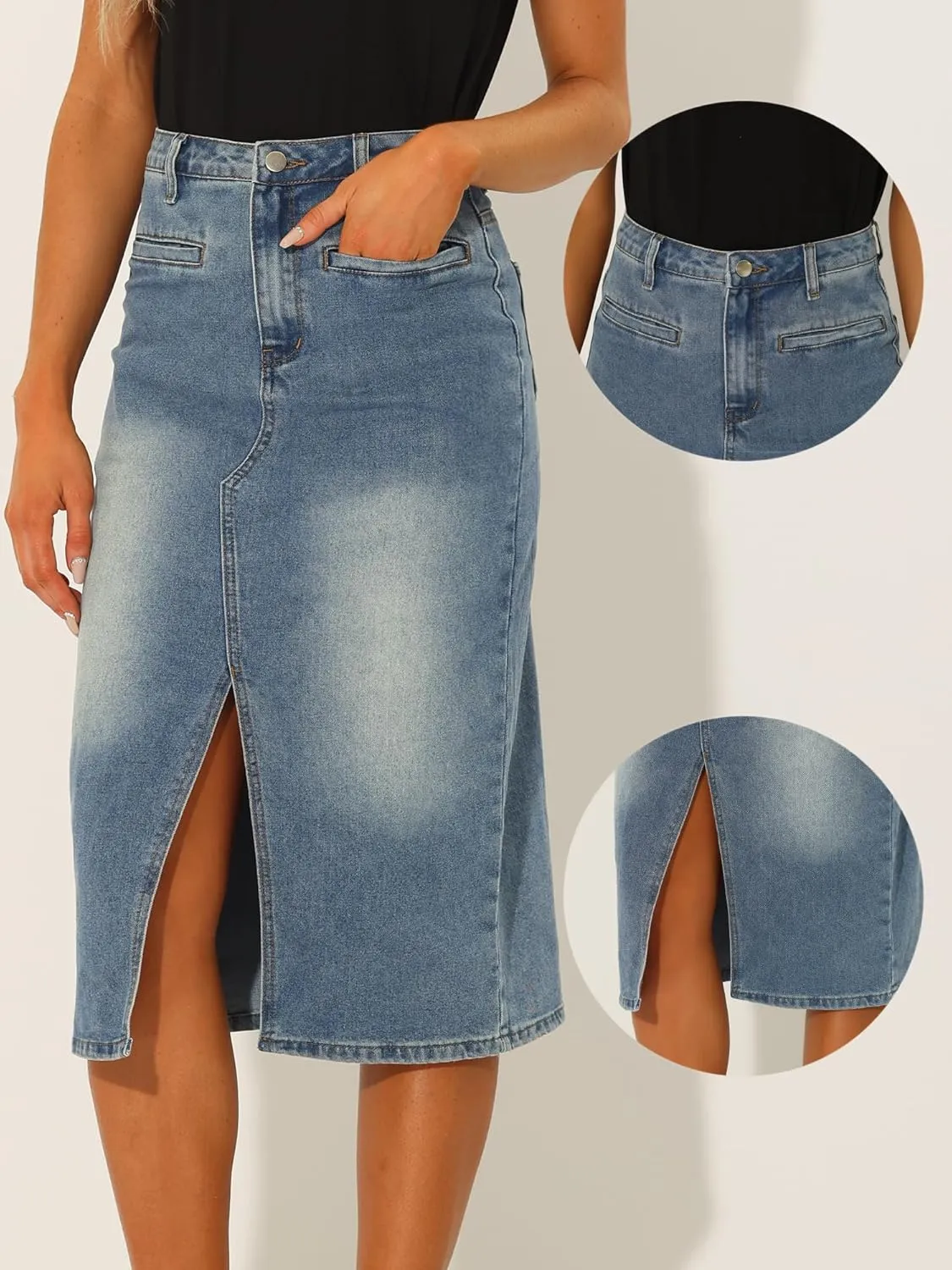 Allegra K Denim Skirt for Women's High Waist Slit Front Washed Jean Midi Skirts with Pockets