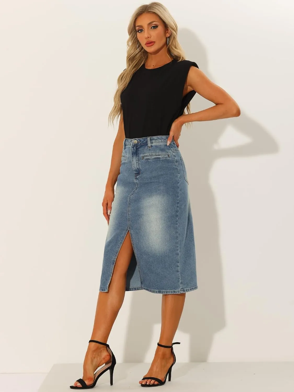 Allegra K Denim Skirt for Women's High Waist Slit Front Washed Jean Midi Skirts with Pockets