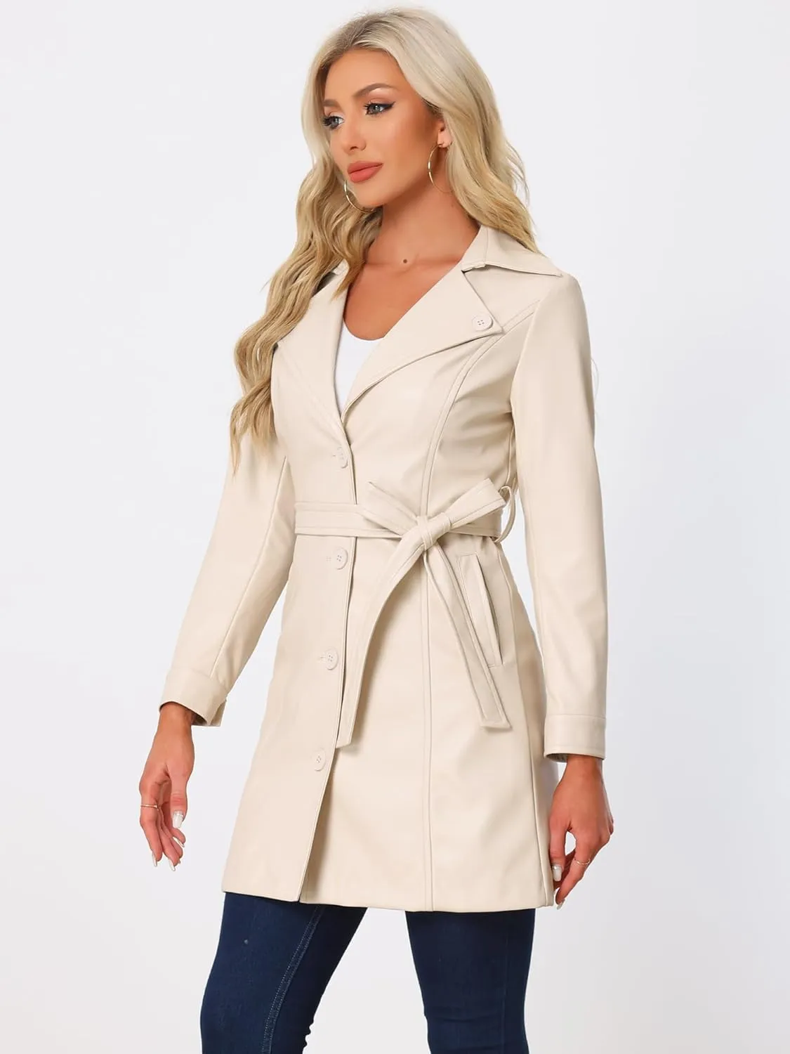 Allegra K Faux Leather Long Jacket for Women's Notched Lapel Collar PU Trench Coat
