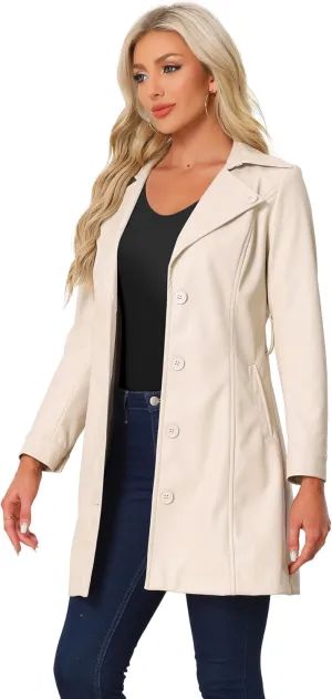 Allegra K Faux Leather Long Jacket for Women's Notched Lapel Collar PU Trench Coat