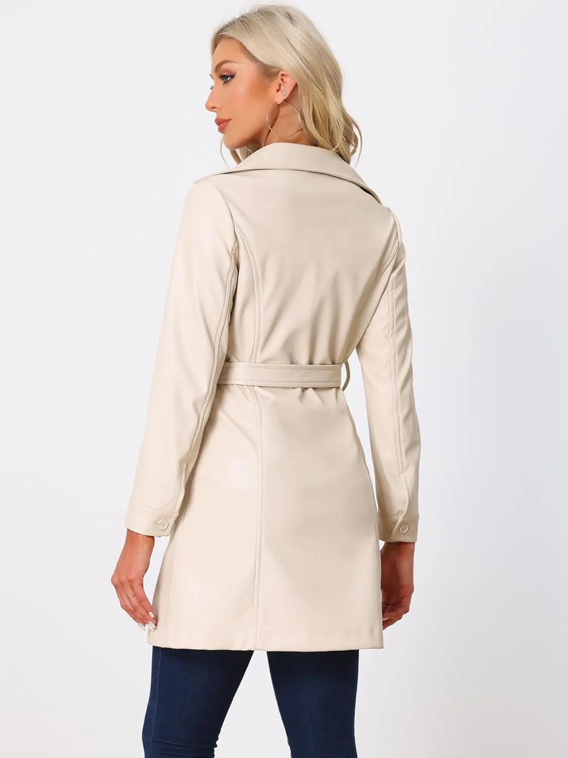 Allegra K Faux Leather Long Jacket for Women's Notched Lapel Collar PU Trench Coat