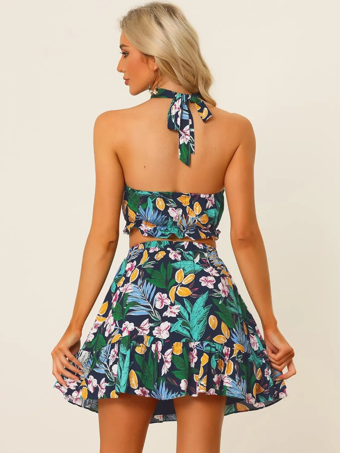 Allegra K Women's 2 Piece Outfits Floral Halter Neck Sleeveless Crop Top with Short Skirt Set