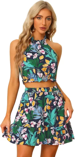 Allegra K Women's 2 Piece Outfits Floral Halter Neck Sleeveless Crop Top with Short Skirt Set