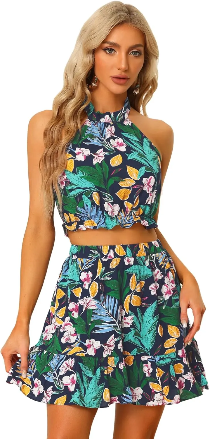 Allegra K Women's 2 Piece Outfits Floral Halter Neck Sleeveless Crop Top with Short Skirt Set
