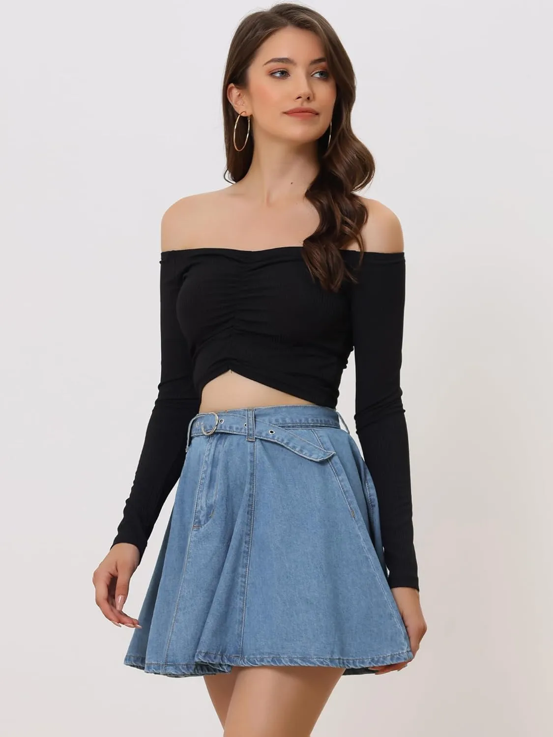 Allegra K Women's Casual Denim Skirt High Waist A-Line Flared Mini Jean Skirts with Belt