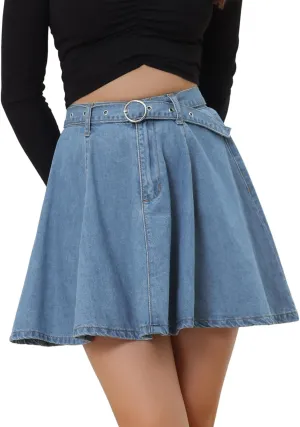 Allegra K Women's Casual Denim Skirt High Waist A-Line Flared Mini Jean Skirts with Belt