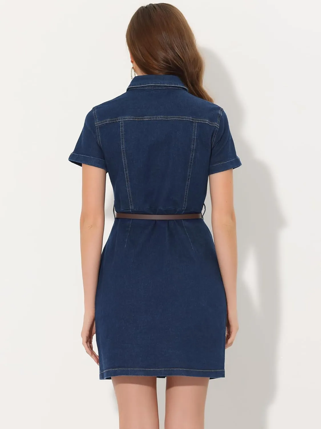Allegra K Women's Denim Shirt Dress Collar Short Sleeve Belted Button Up Jean Dresses