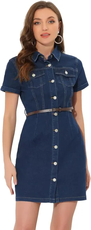 Allegra K Women's Denim Shirt Dress Collar Short Sleeve Belted Button Up Jean Dresses