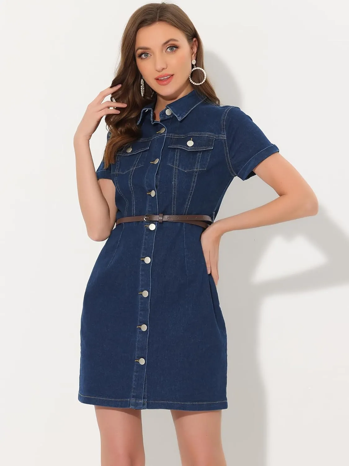 Allegra K Women's Denim Shirt Dress Collar Short Sleeve Belted Button Up Jean Dresses
