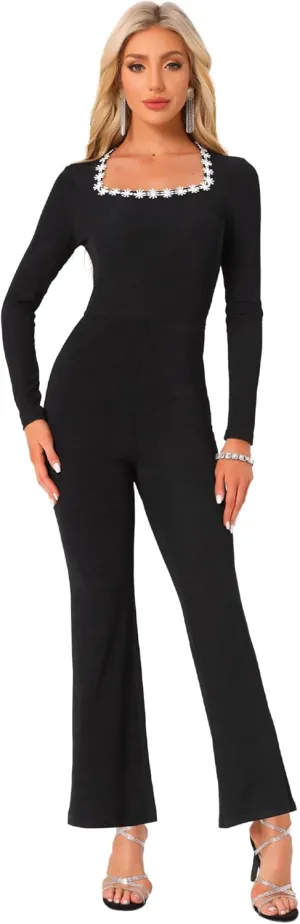 Allegra K Women's Elegant Jumpsuits Square Neck High Waist Wide Leg Long Pants Jumpsuit