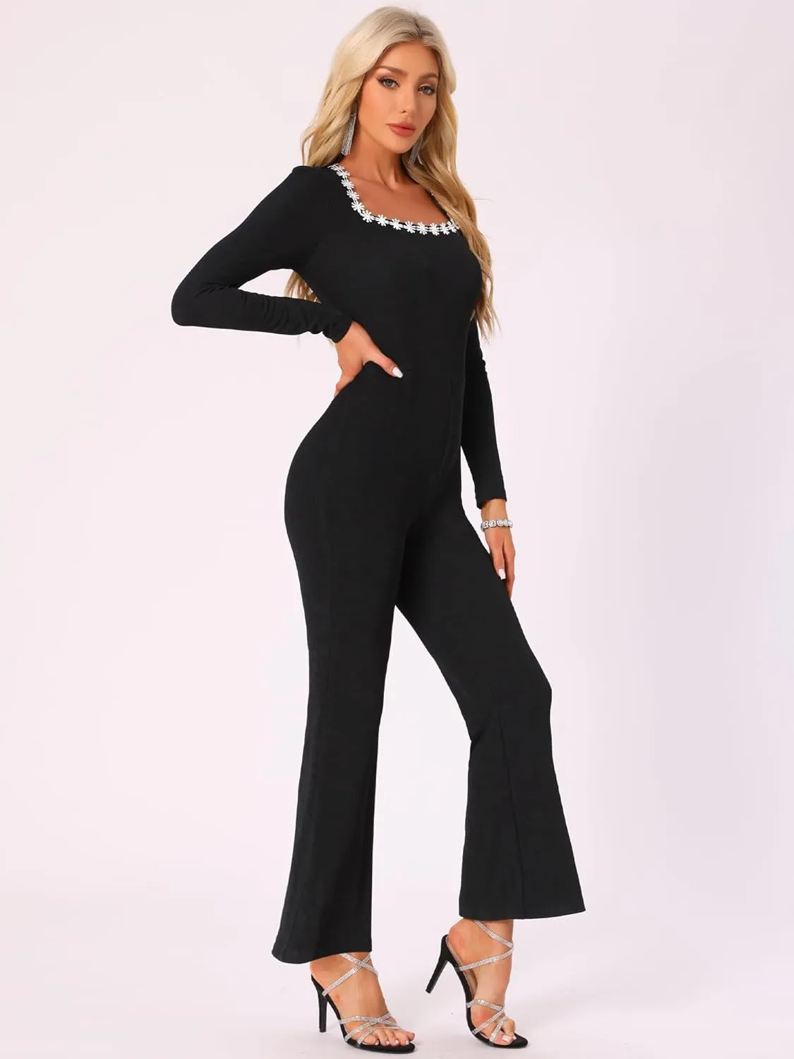 Allegra K Women's Elegant Jumpsuits Square Neck High Waist Wide Leg Long Pants Jumpsuit