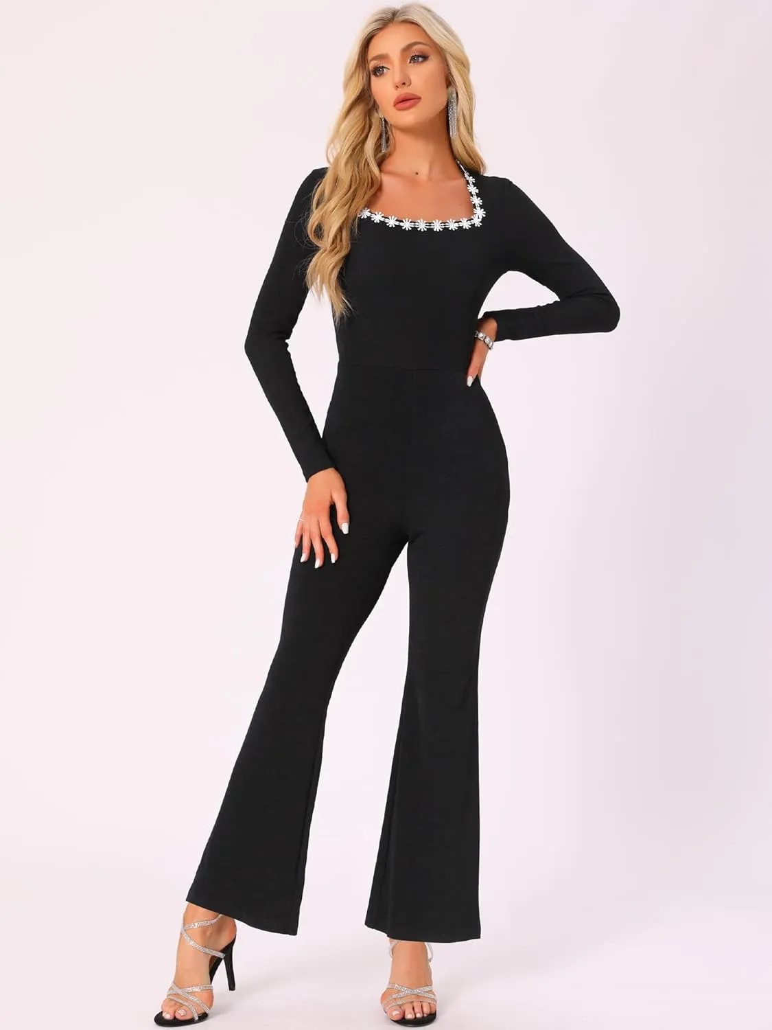 Allegra K Women's Elegant Jumpsuits Square Neck High Waist Wide Leg Long Pants Jumpsuit