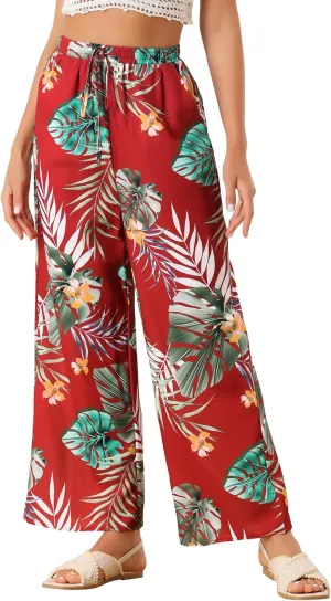 Allegra K Women's Floral Palazzo Elastic Waist Casual Wide Leg Tropical Beach Pants