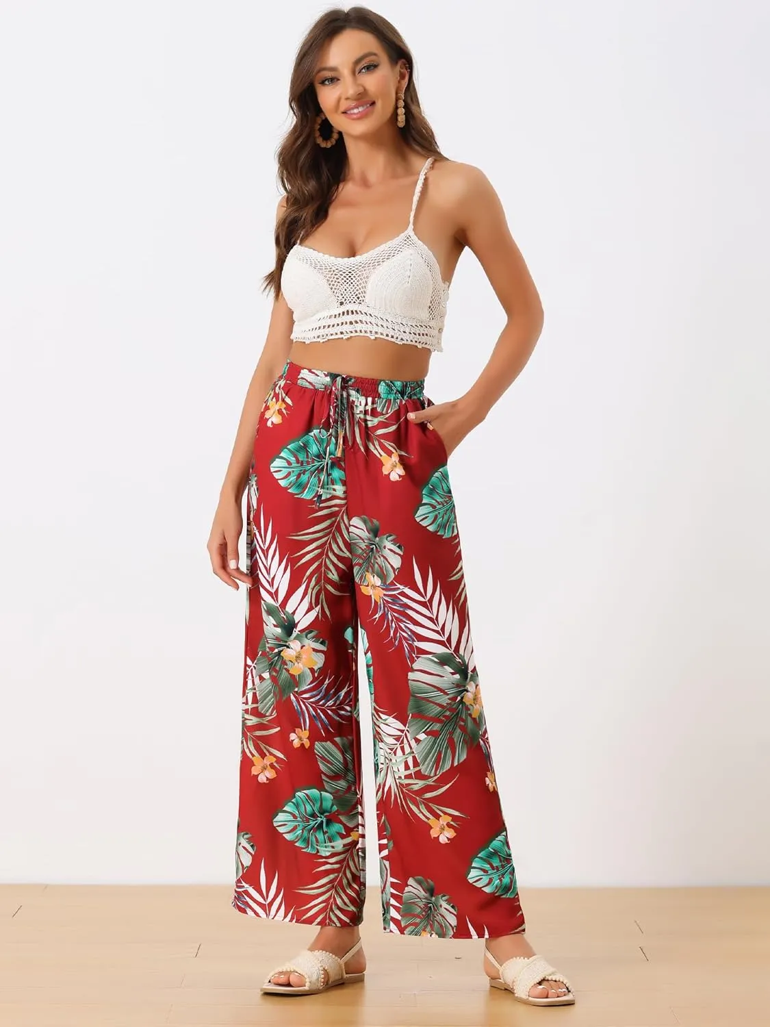 Allegra K Women's Floral Palazzo Elastic Waist Casual Wide Leg Tropical Beach Pants