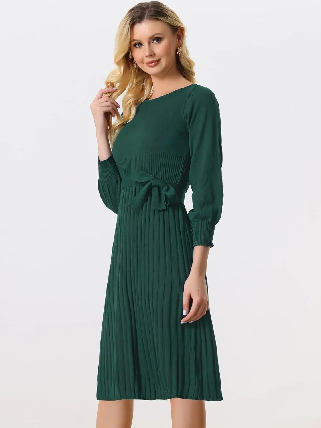 Allegra K Women's Knit Pleated Dresses Casual Belted Midi Sweater Dress