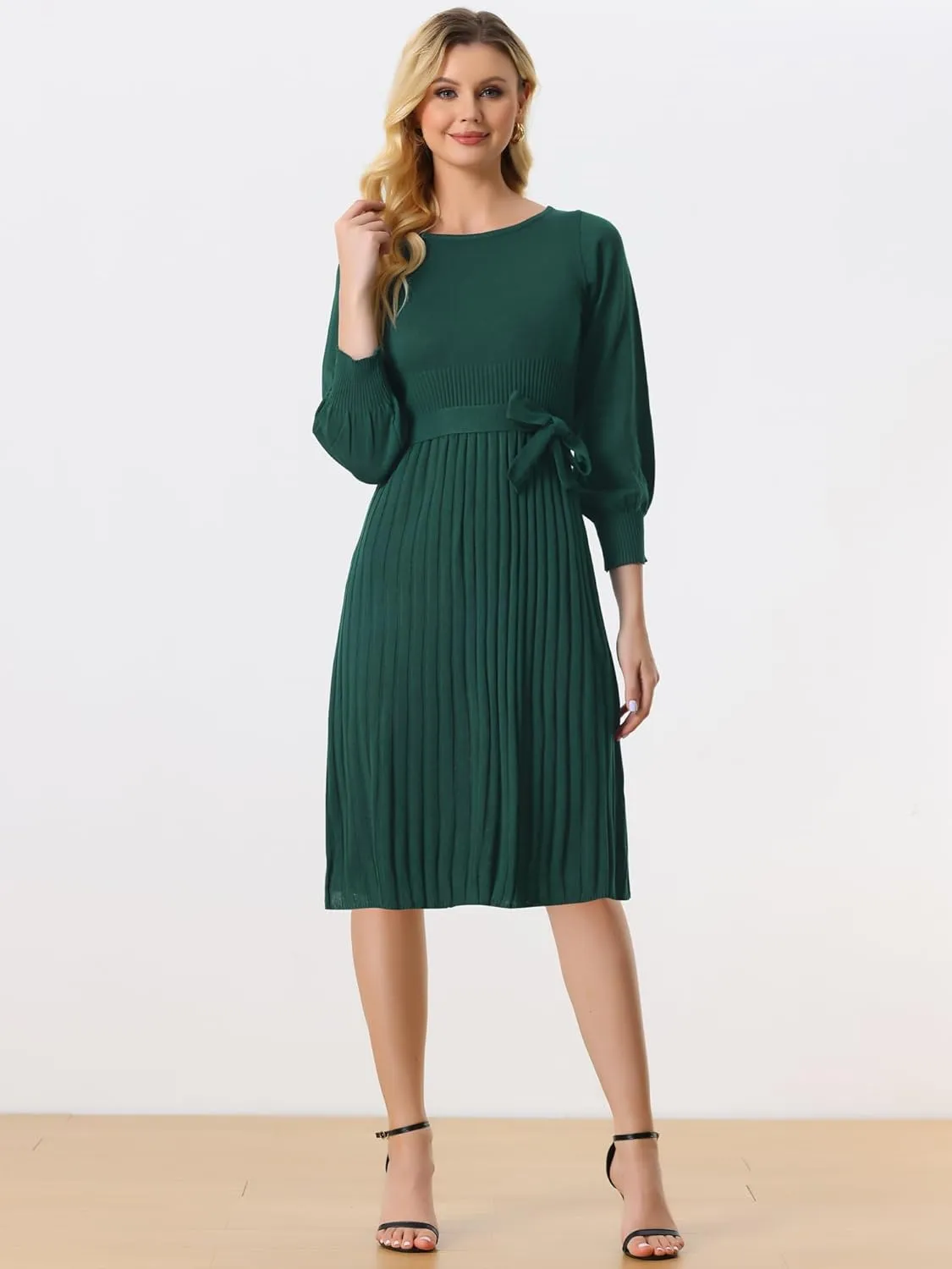 Allegra K Women's Knit Pleated Dresses Casual Belted Midi Sweater Dress