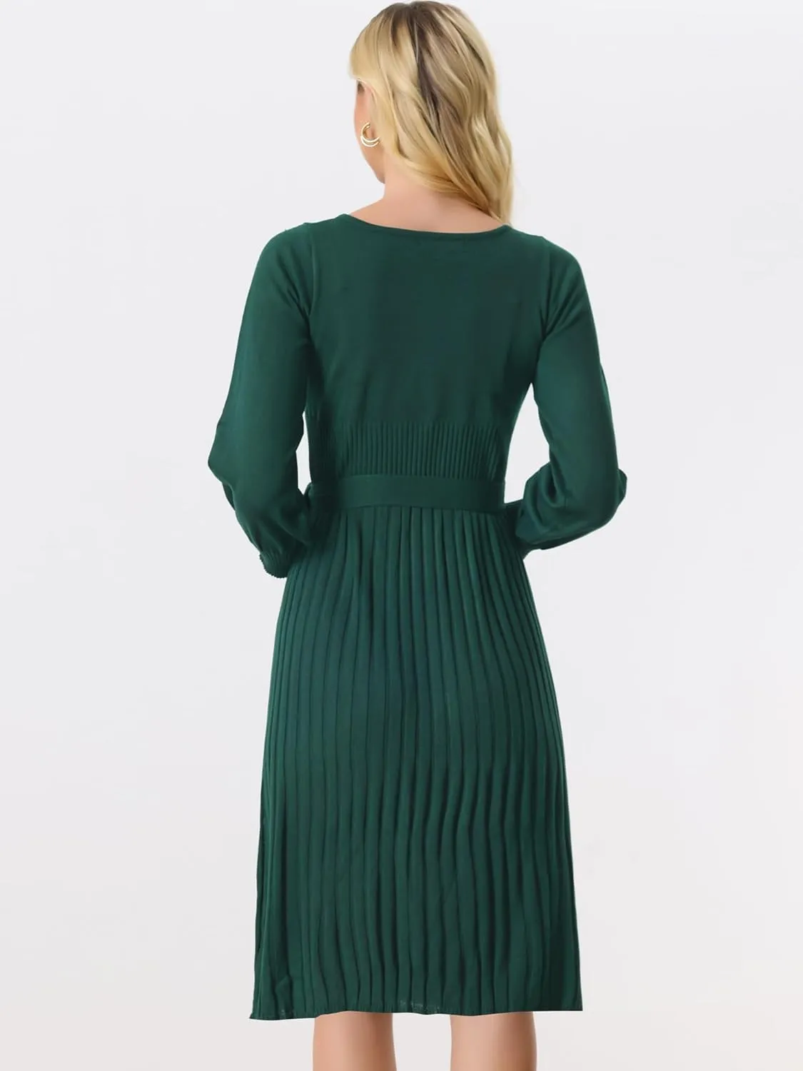 Allegra K Women's Knit Pleated Dresses Casual Belted Midi Sweater Dress