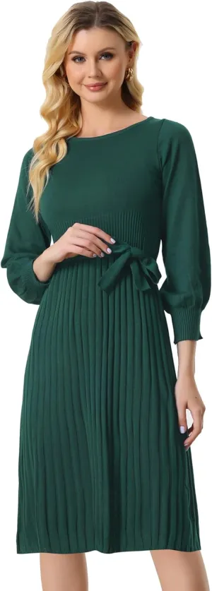 Allegra K Women's Knit Pleated Dresses Casual Belted Midi Sweater Dress