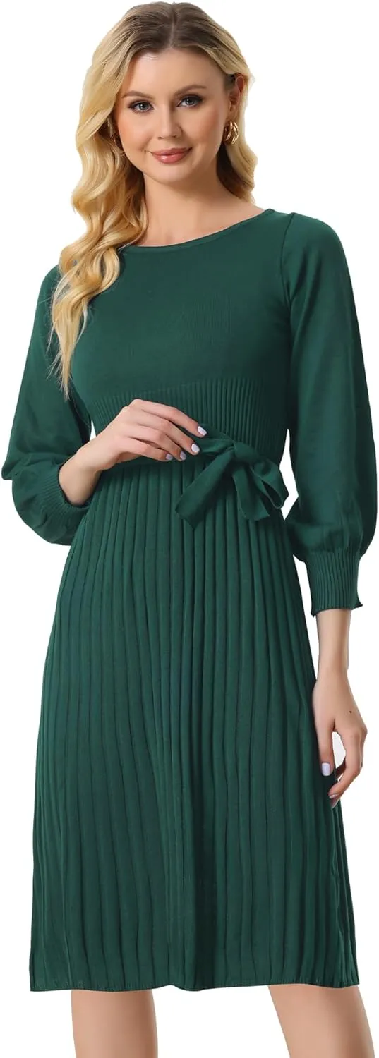 Allegra K Women's Knit Pleated Dresses Casual Belted Midi Sweater Dress
