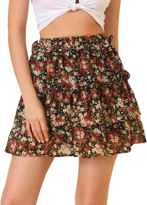 Allegra K Women's Layered Ruffle Hem Elastic Waist A-Line Skater Floral Mini Skirt