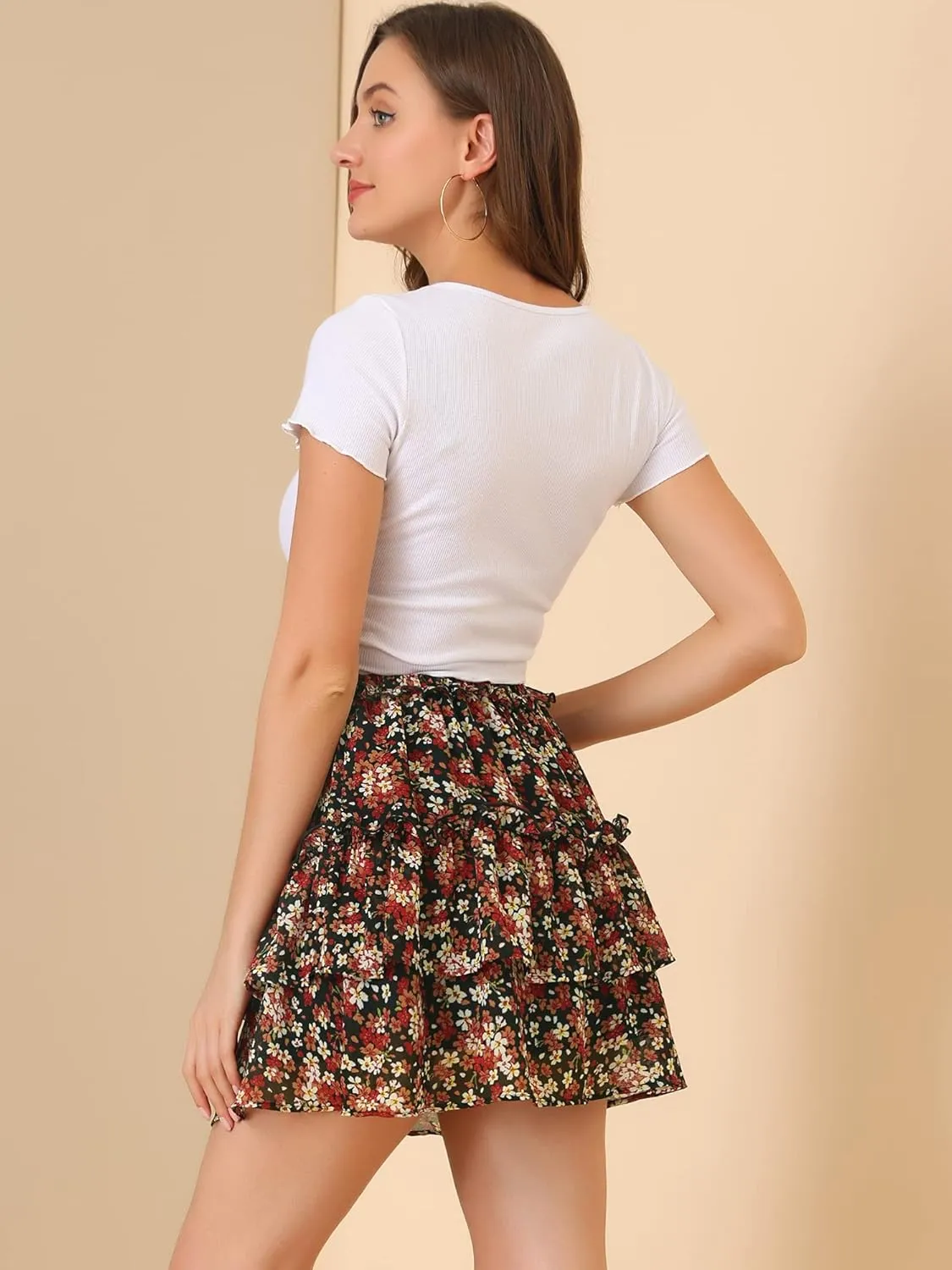 Allegra K Women's Layered Ruffle Hem Elastic Waist A-Line Skater Floral Mini Skirt