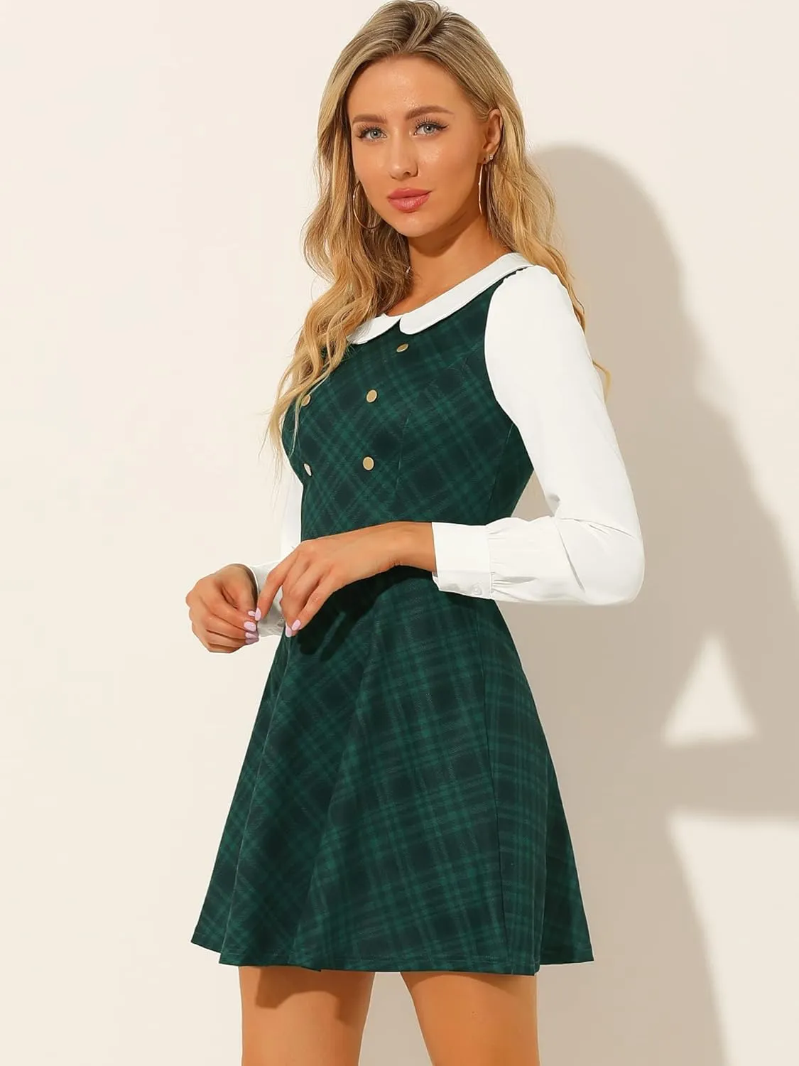Allegra K Women's Peter Pan Collar Contrast Color Button Decor A-Line Christmas Plaid Mini Dress