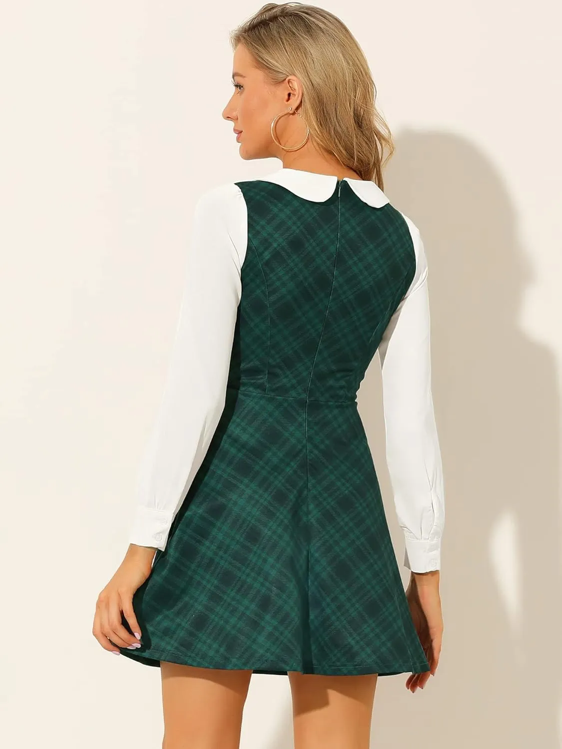 Allegra K Women's Peter Pan Collar Contrast Color Button Decor A-Line Christmas Plaid Mini Dress