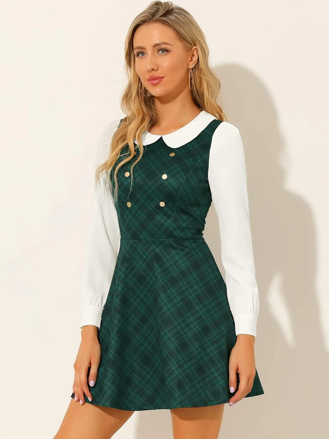 Allegra K Women's Peter Pan Collar Contrast Color Button Decor A-Line Christmas Plaid Mini Dress