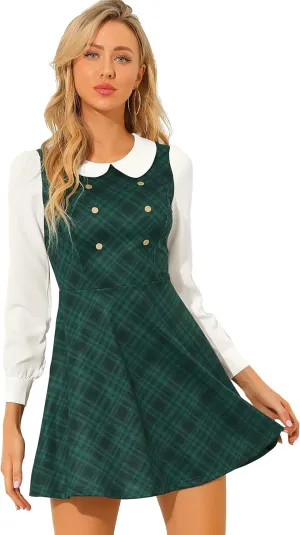 Allegra K Women's Peter Pan Collar Contrast Color Button Decor A-Line Christmas Plaid Mini Dress