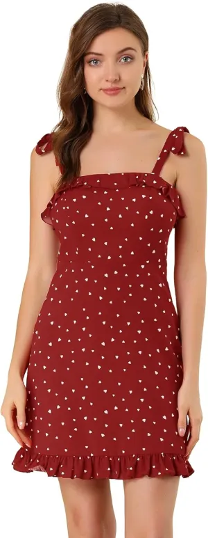 Allegra K Women's Printed Spaghetti Strap Summer Ruffle Flare Mini Slip Dress