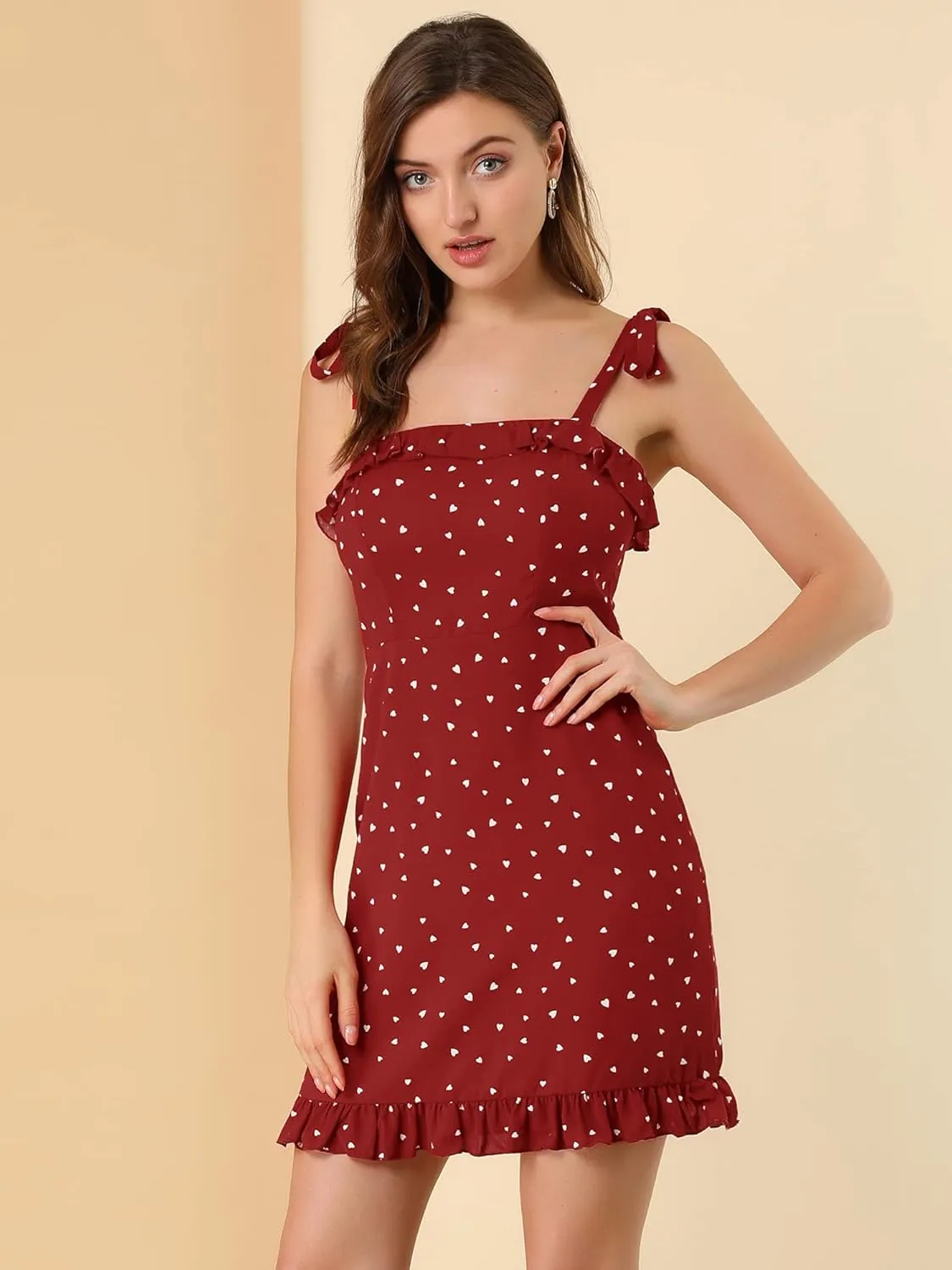 Allegra K Women's Printed Spaghetti Strap Summer Ruffle Flare Mini Slip Dress
