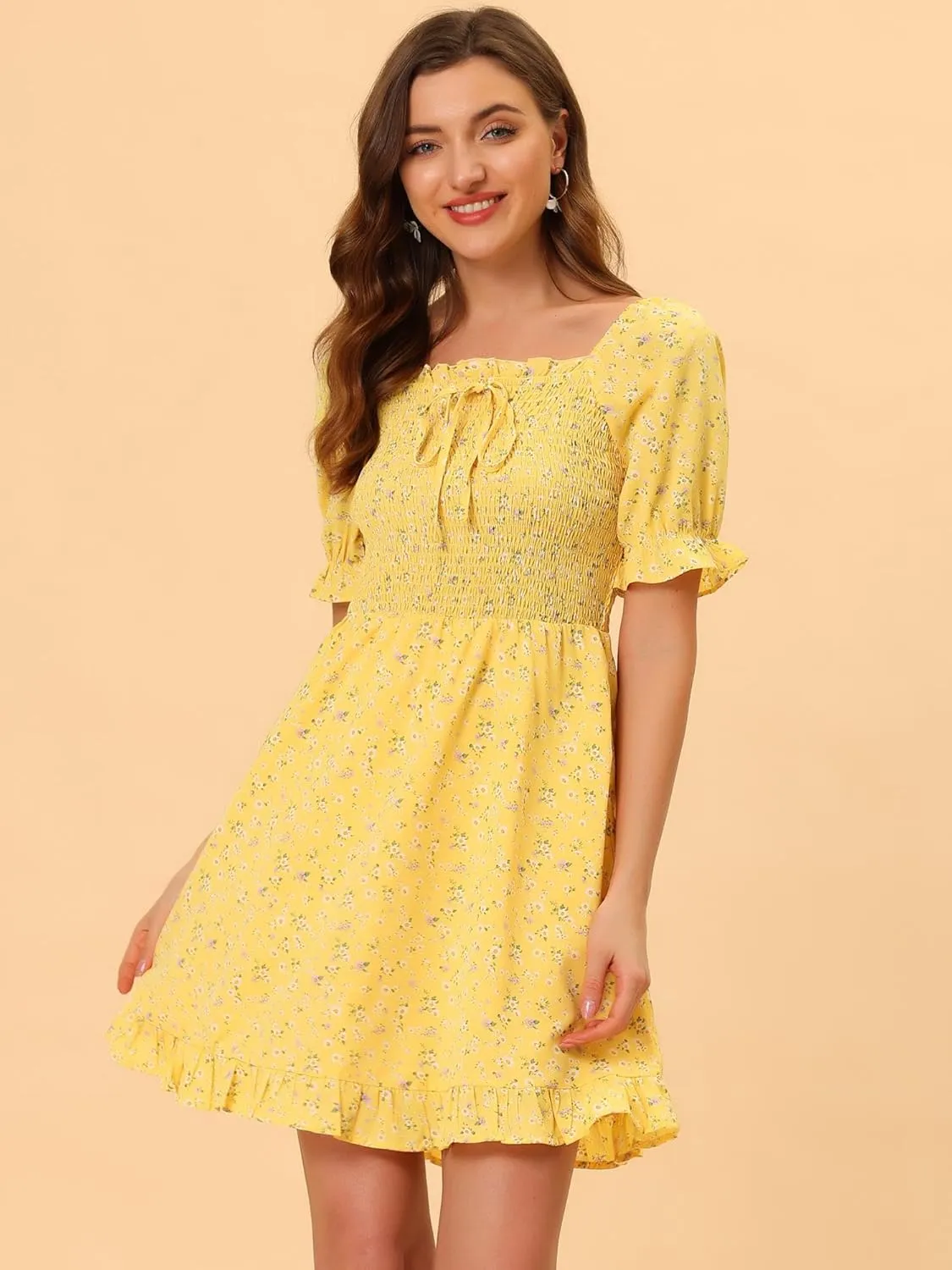 Allegra K Women's Puff Sleeve Square Neck Ruffled Hem Floral Smocked Dress
