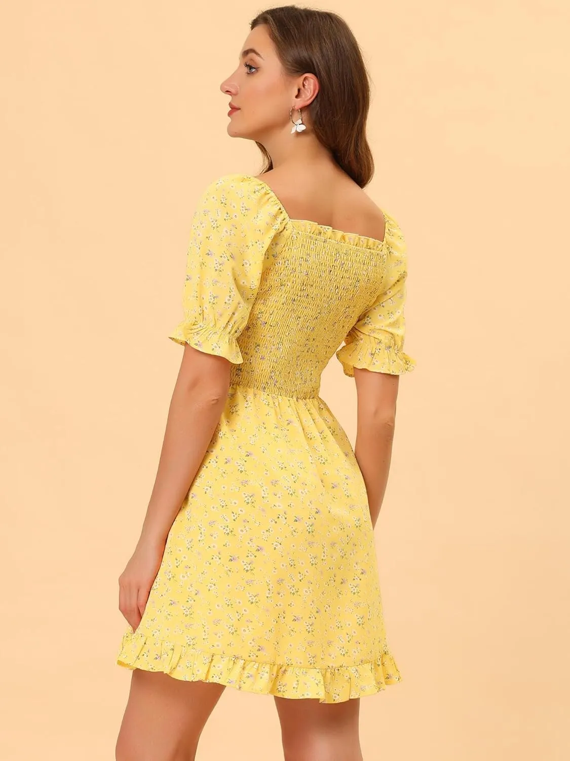 Allegra K Women's Puff Sleeve Square Neck Ruffled Hem Floral Smocked Dress