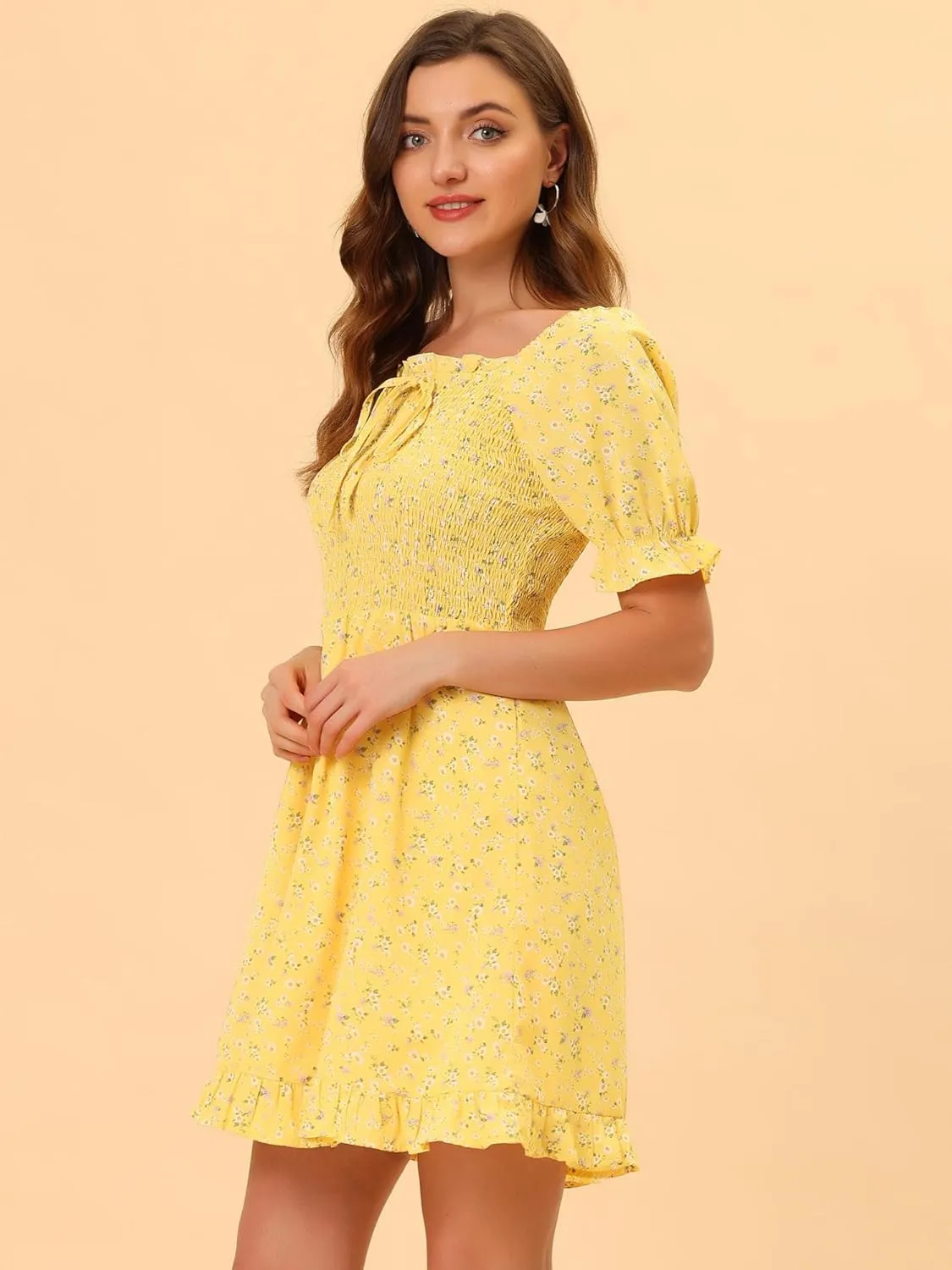 Allegra K Women's Puff Sleeve Square Neck Ruffled Hem Floral Smocked Dress