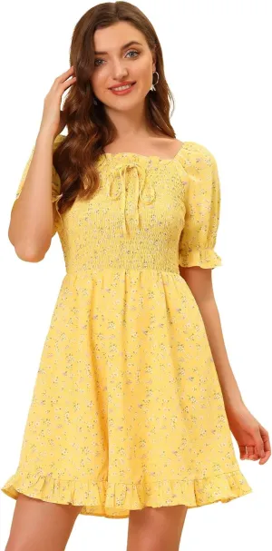 Allegra K Women's Puff Sleeve Square Neck Ruffled Hem Floral Smocked Dress