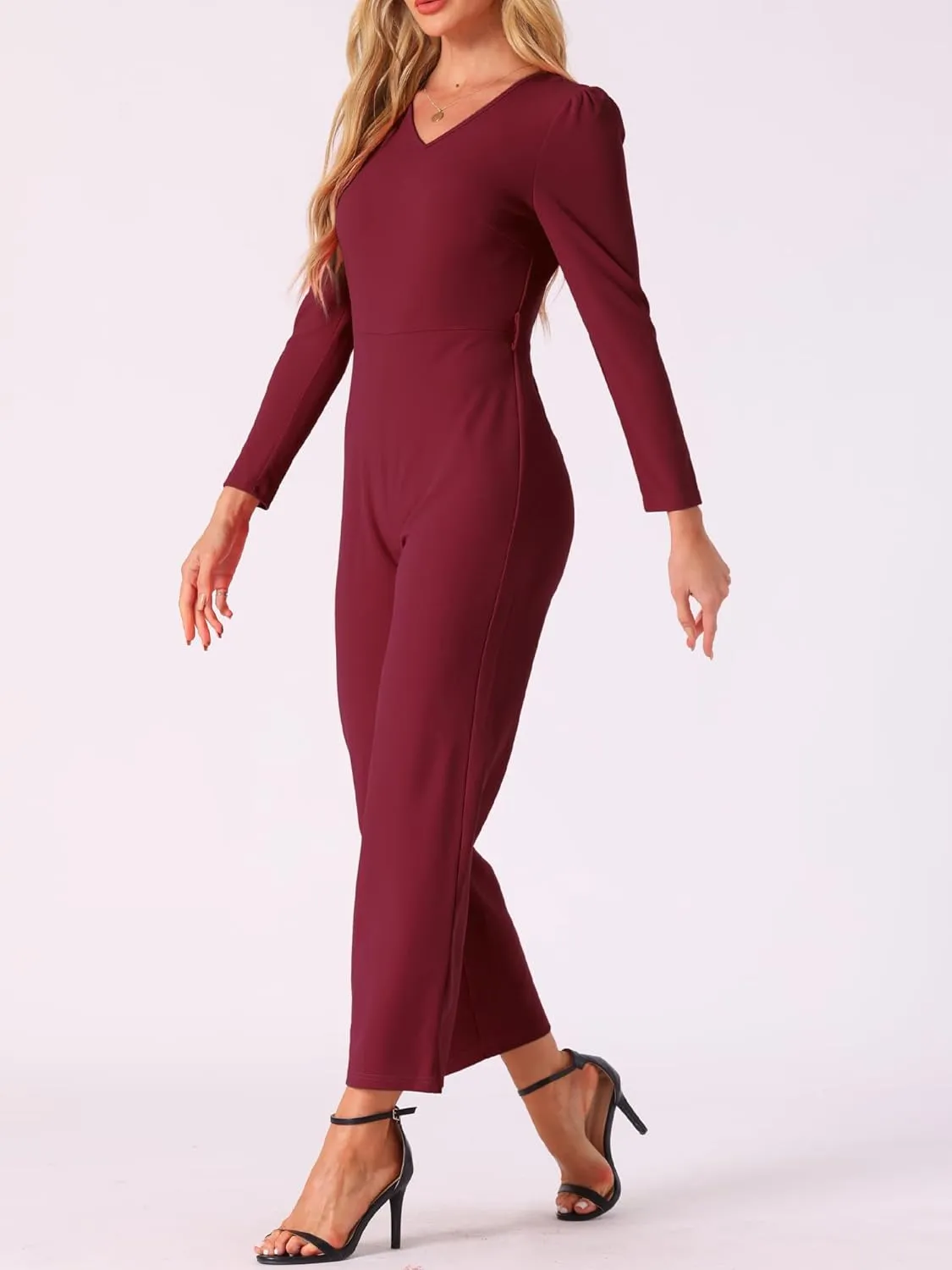 Allegra K Women's V Neck Jumpsuit Long Sleeve Tie Waist Wide Leg Long Pants Elegant Knit Jumpsuits