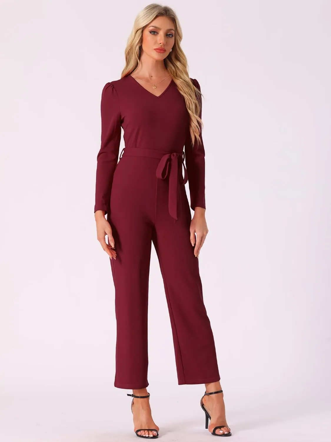 Allegra K Women's V Neck Jumpsuit Long Sleeve Tie Waist Wide Leg Long Pants Elegant Knit Jumpsuits