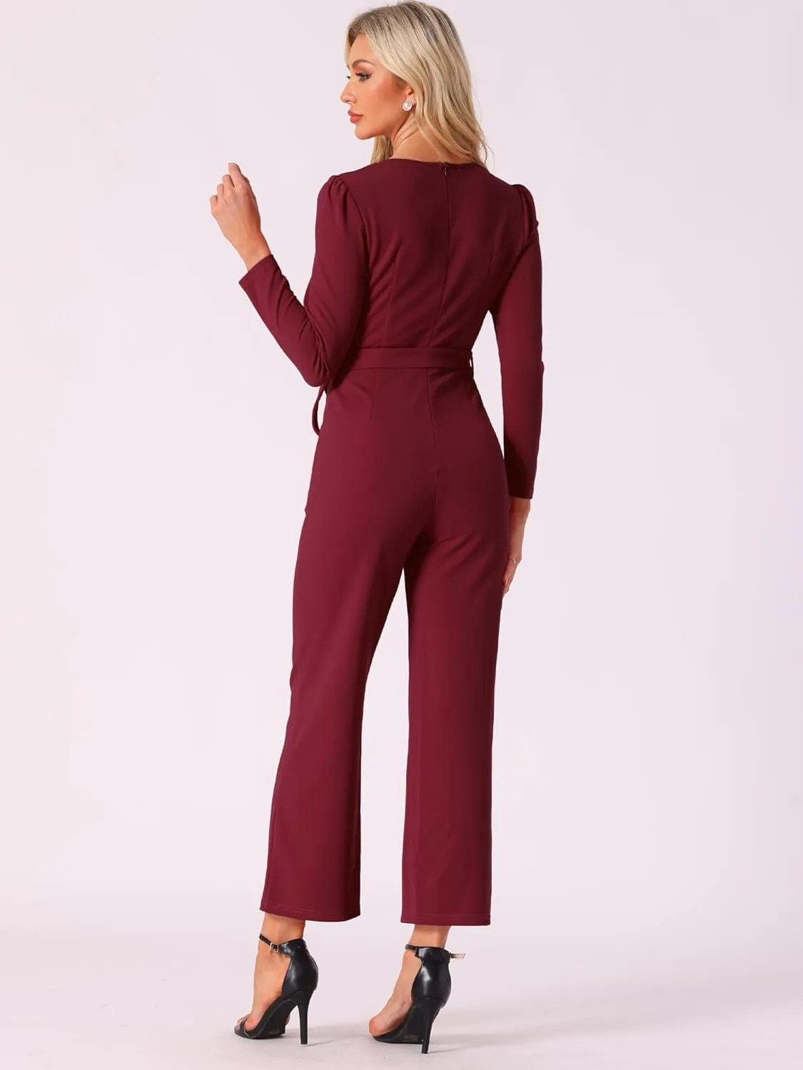Allegra K Women's V Neck Jumpsuit Long Sleeve Tie Waist Wide Leg Long Pants Elegant Knit Jumpsuits
