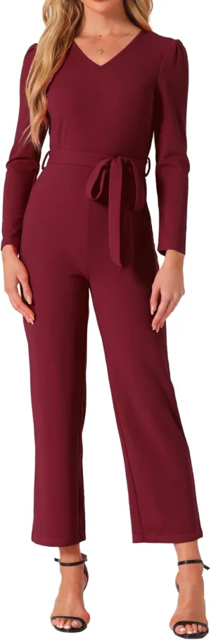 Allegra K Women's V Neck Jumpsuit Long Sleeve Tie Waist Wide Leg Long Pants Elegant Knit Jumpsuits