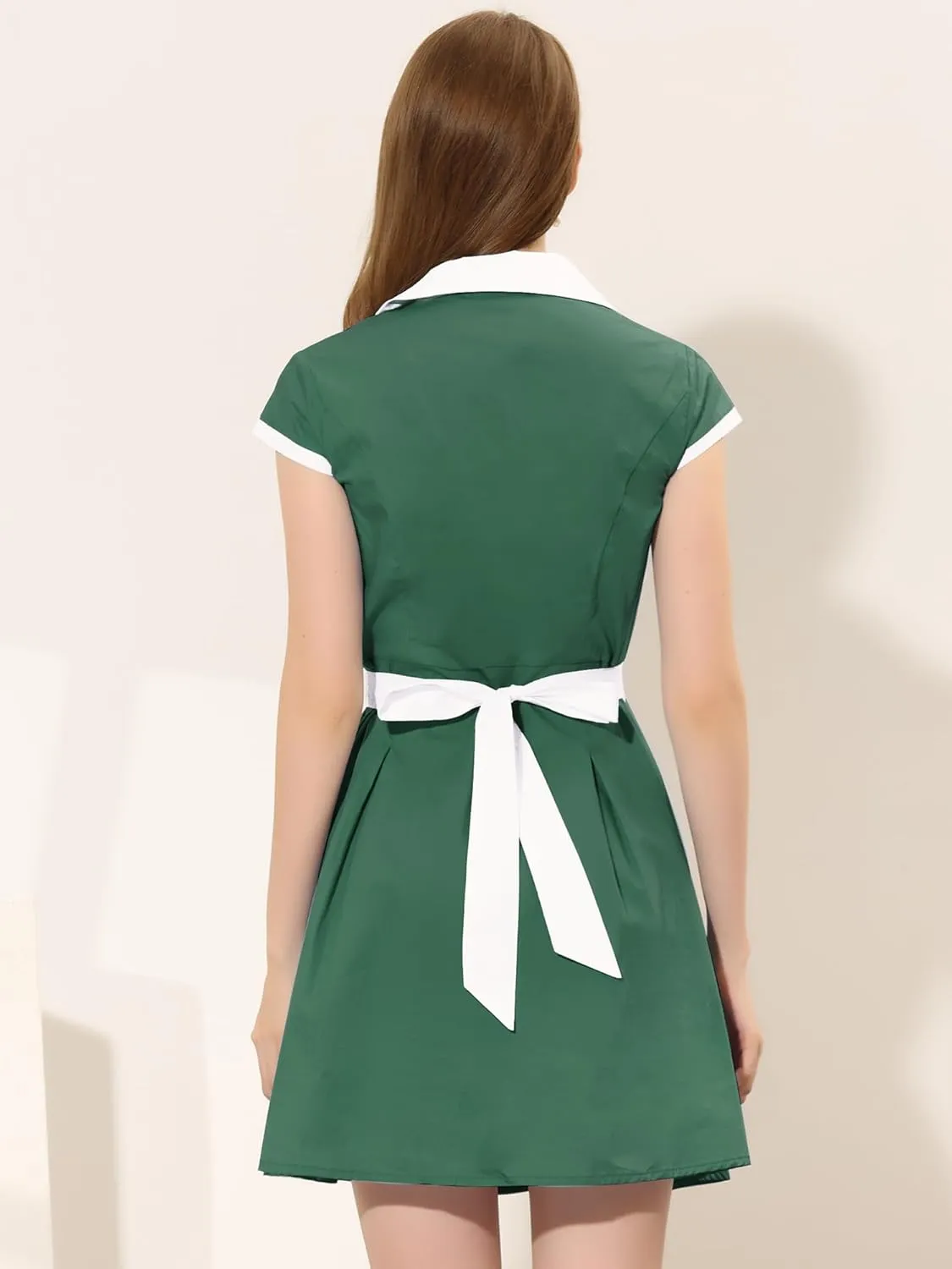 Allegra K Women's Vintage Button Down Shirt Dress Notch Lapel Short Sleeve Belted Office Mini Short Dresses