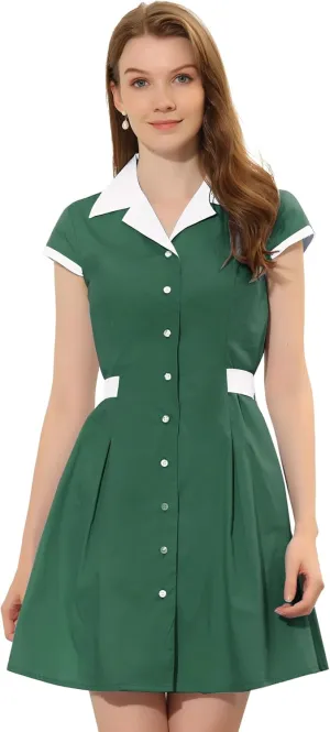 Allegra K Women's Vintage Button Down Shirt Dress Notch Lapel Short Sleeve Belted Office Mini Short Dresses