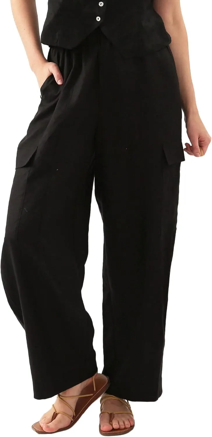 Amazhiyu Womens Pure Linen Wide Leg Cargo Pants Elastic Waist Baggy Jogger with Pockets