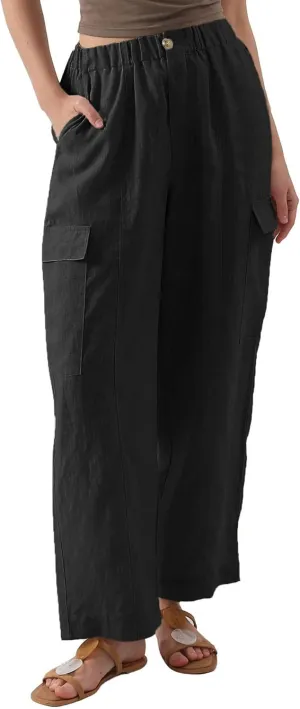 Amazhiyu Womens Pure Linen Wide Leg Cargo Pants Elastic Waist Baggy Jogger with Pockets