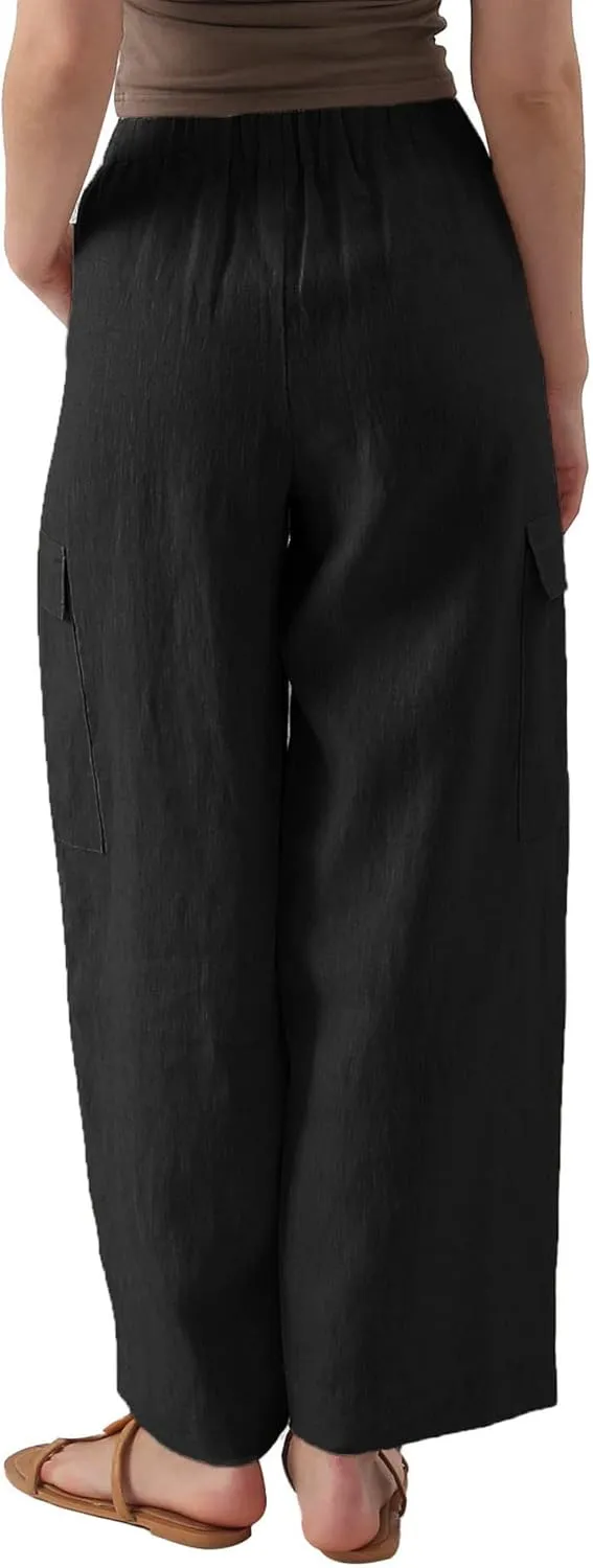 Amazhiyu Womens Pure Linen Wide Leg Cargo Pants Elastic Waist Baggy Jogger with Pockets