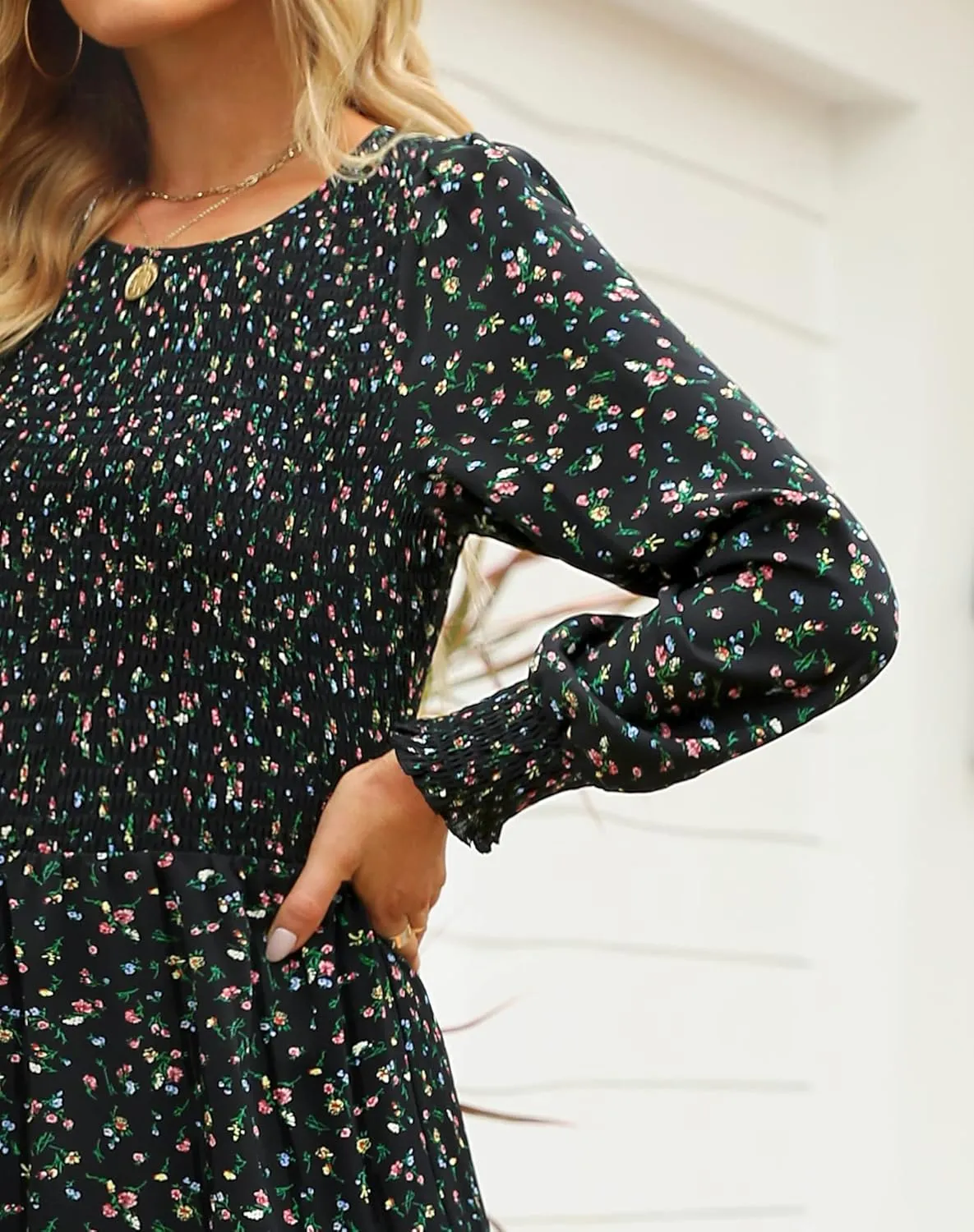 Annebouti Women's Spring Casual Long Sleeve Maxi Dress Boho Floral Smocked A-Line Modest Wedding Guest Long Dresses