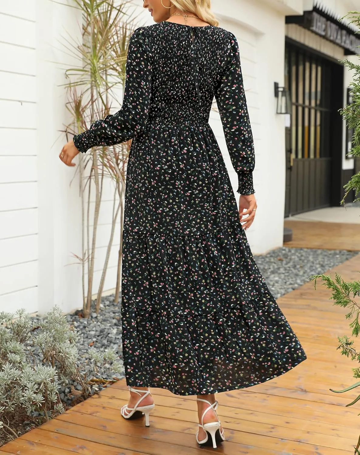 Annebouti Women's Spring Casual Long Sleeve Maxi Dress Boho Floral Smocked A-Line Modest Wedding Guest Long Dresses
