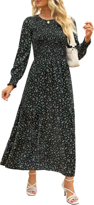 Annebouti Women's Spring Casual Long Sleeve Maxi Dress Boho Floral Smocked A-Line Modest Wedding Guest Long Dresses